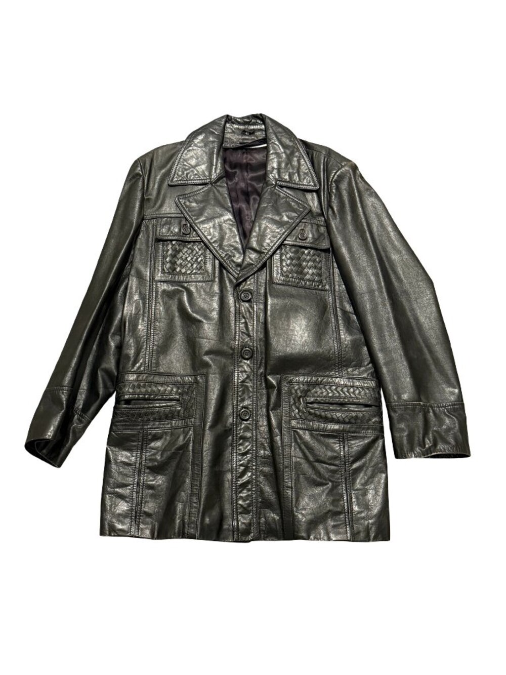 Vintage 1970s 1980s Men’s Black Leather Car Coat Jacket Woven Detail